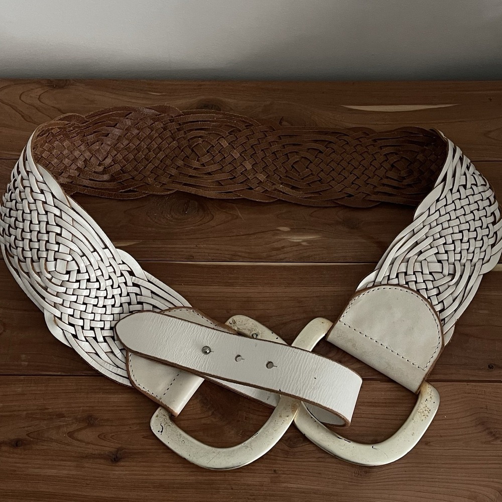 White  Linea Pelle Belt Stud Braided Leather Silver 2 Buckle Belt 32" Boho